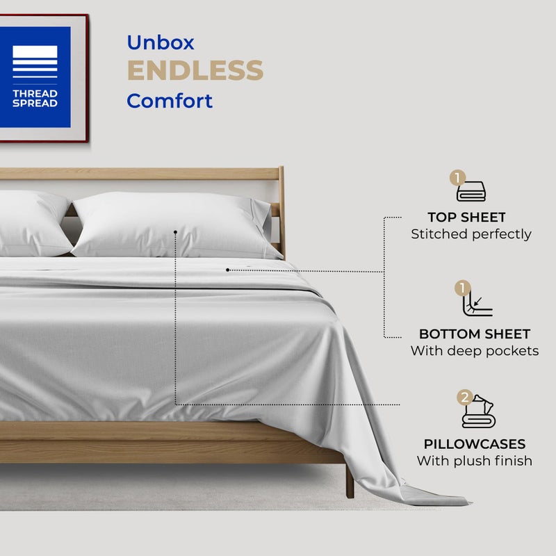 Thread Spread 100% Cotton Queen Sheets Set - 400 Thread Count Queen Size Sheets (4 PC, Silver Grey), 16" Deep Pocket All Around Elastic, Soft, Cooling, Durable & Breathable Sateen Weave Bed Sheet Set - Image 3